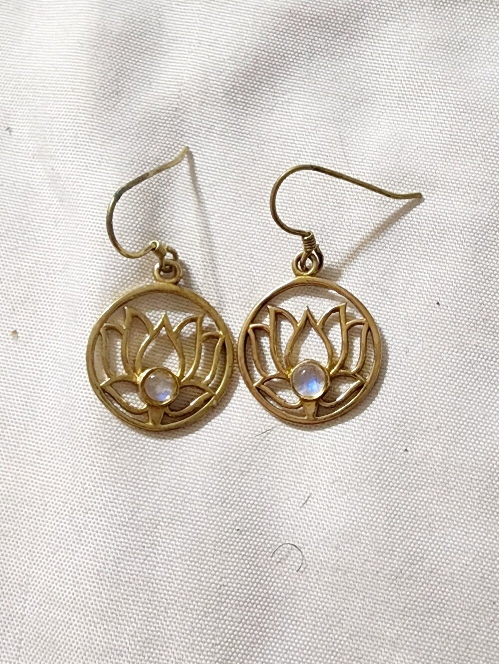 Gold Lotus Drop Earrings with Moonstone Accent